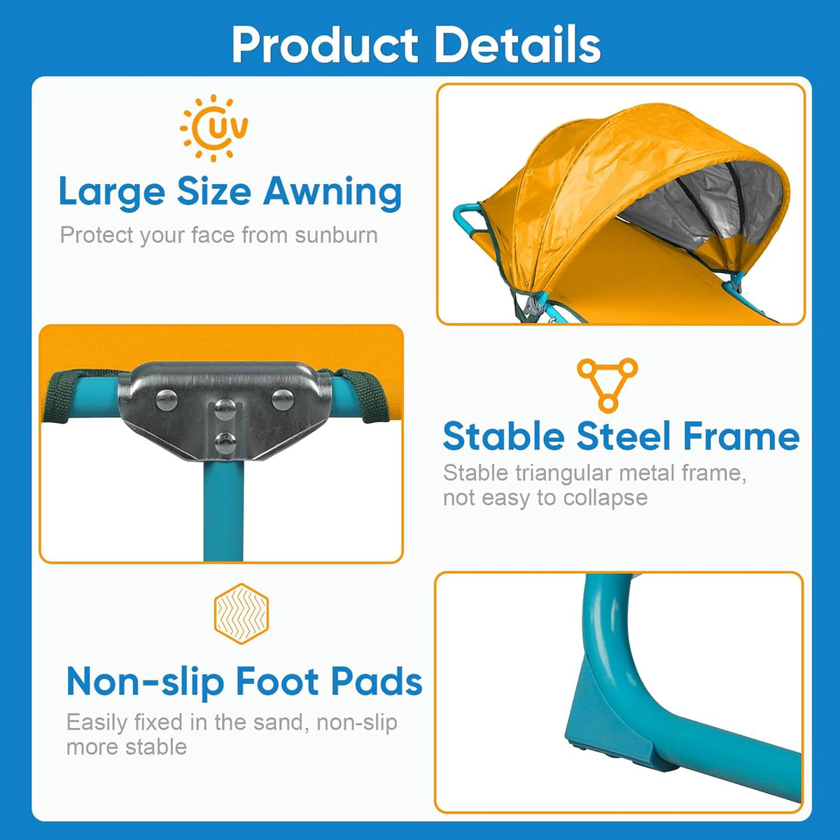 Colorsoul Tanning Chair with Sun Canopy,Adjustable 4-Position Beach Lounge Chair for Adults,Heavy Duty Folding Outdoor Lounge Chair,for Patio Poolside Sunbathing,UPF 50+,300 LBS,Yellow