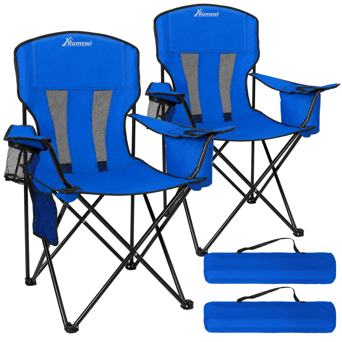 Camping Chairs for Adults 2 Pack, Folding Chair with 4-Can Cooler Bag & Cup Holder, Portable Heavy Duty Outdoor Chair with Mesh Back for Camping, Beach, Lawn, Fishing, Blue