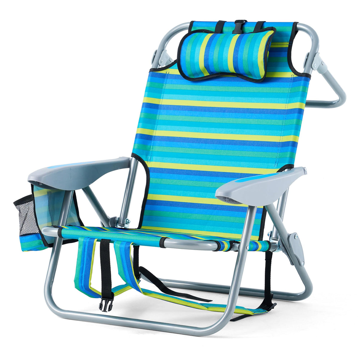 Portable Beach Chair for Adults, Outdoor Camping Chair Lay Flat Folding Backpack Beach Reclining Chair with 5 Positions, Headrest, Cup Holder, Heavy Ocean Striped