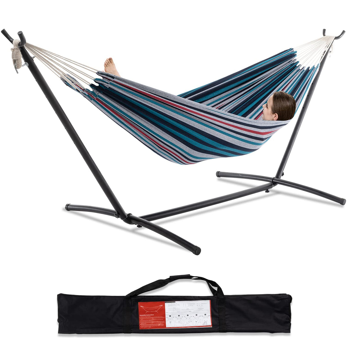 PNAEUT Double Hammock with Stand for Outside, Heavy-Duty, Portable (Coffee)