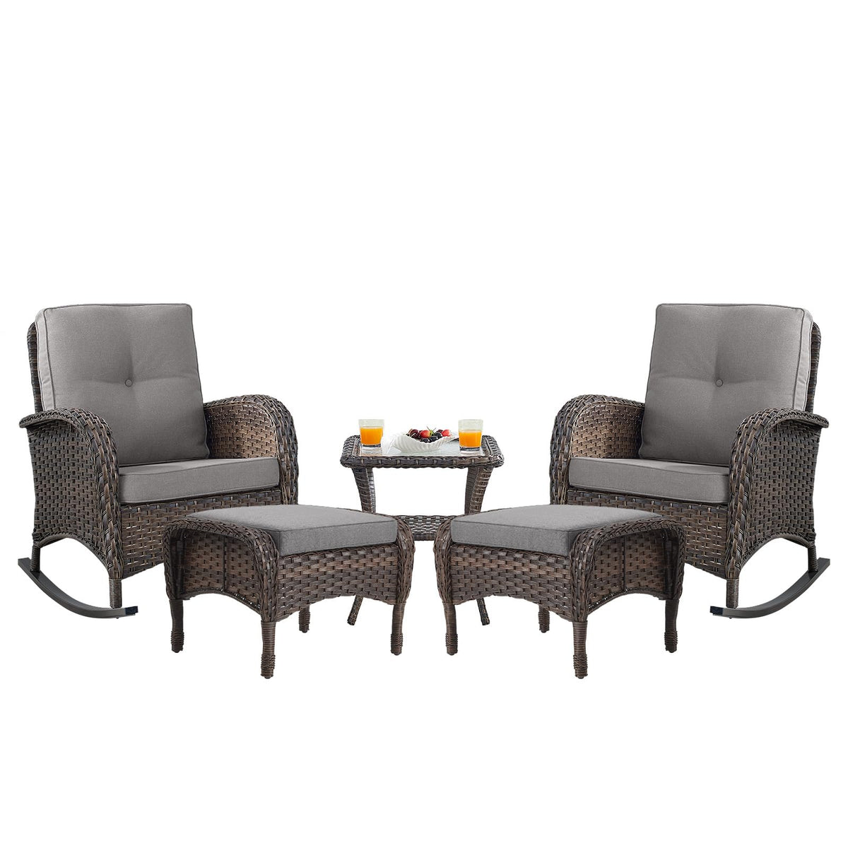 Belord Patio Rocking Chair Wicker Chair, 1 Piece Outdoor Rocking Chair Seating with Cushions for Porch Deck Balcony, Brown/Blue