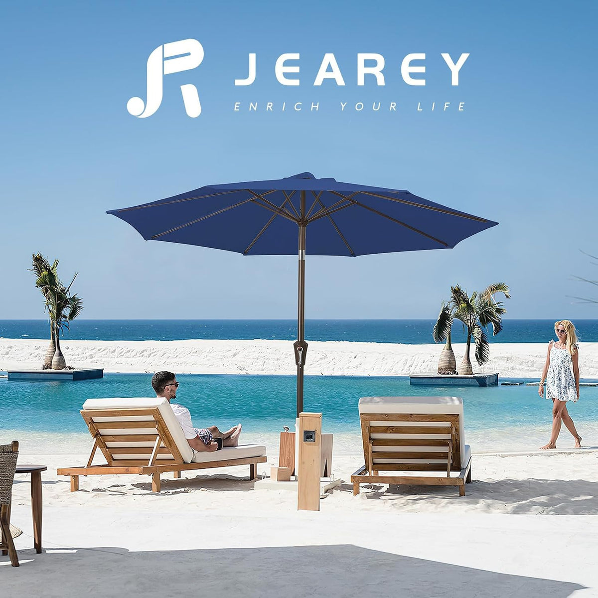 JEAREY 9FT Outdoor Patio Umbrella, Market Umbrella, Dark Blue