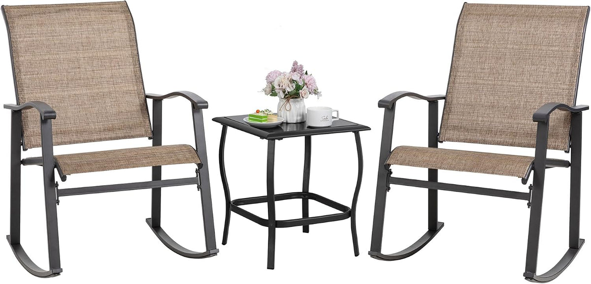 Shintenchi Rocking Chair Outdoor with Table, 3 Piece Rocking Patio Bistro Set, Outdoor Furniture Set with Metal Frame and Textilene Fabric for Small Space, Brown