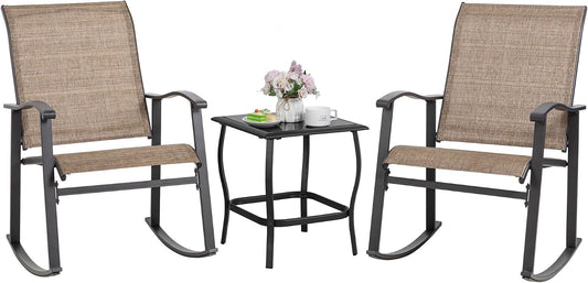 Shintenchi Rocking Chair Outdoor with Table, 3 Piece Rocking Patio Bistro Set, Outdoor Furniture Set with Metal Frame and Textilene Fabric for Small Space, Brown