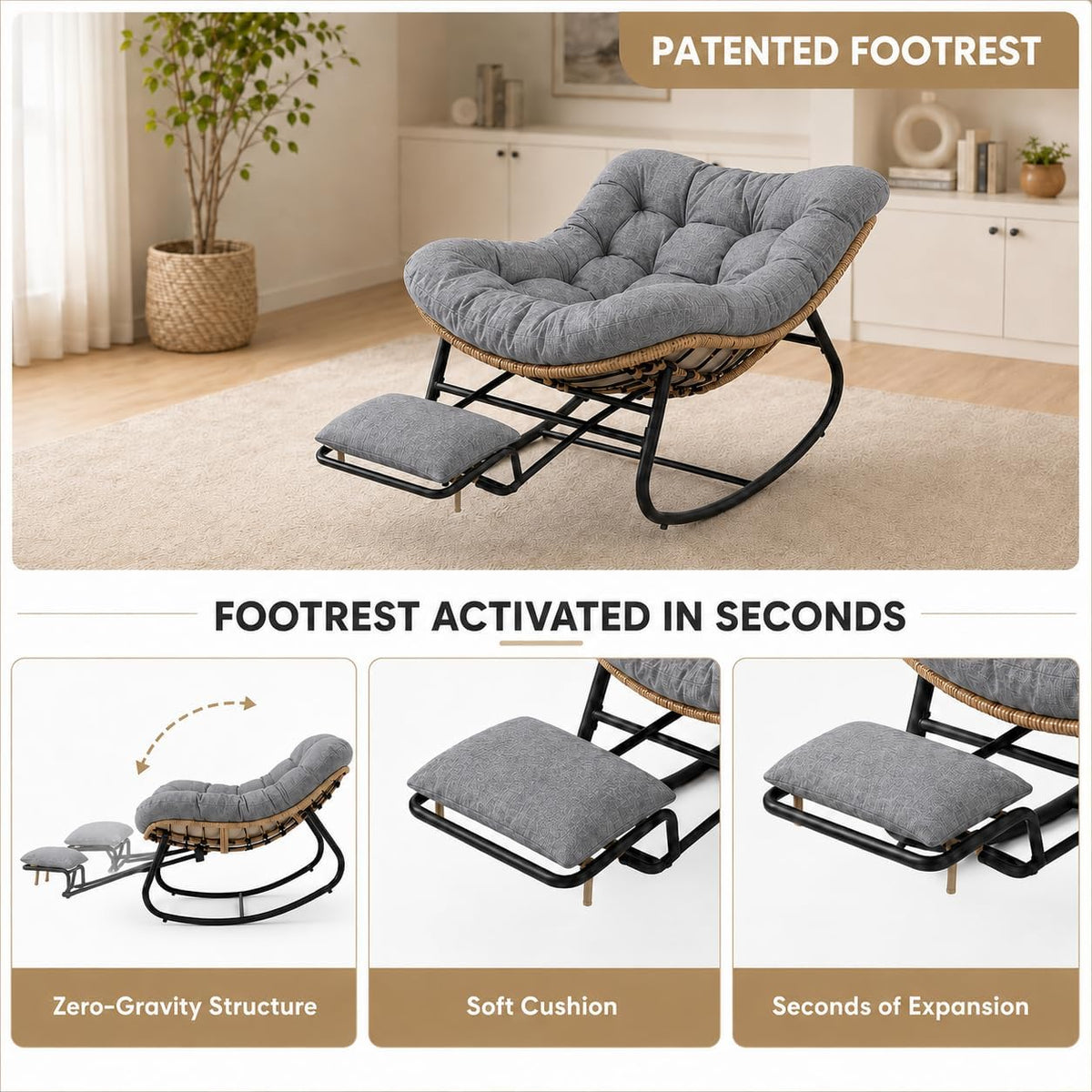 Oversized Rocking Chair with Zero-Gravity Foot Rest & Ottoman, Comfy Lounge Chair for Patio, Porch, Balcony, Indoor Reading Nook, Big Cozy Chaise Chair for Outdoor & Home Use, Grey
