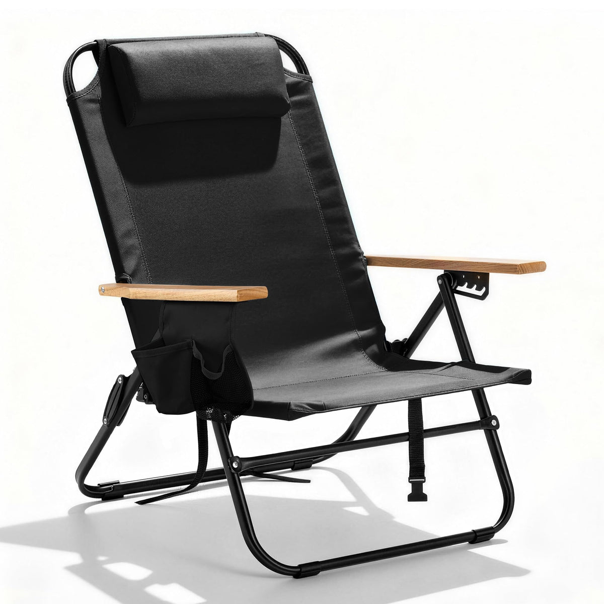 Premium Portable Camping Chair 5-Position Recliner Beach Folding Lightweight Outdoor Chair with Wooden Armrests, Headrest, Multi-Pockets Heavy Duty 350lbs, for Patio, Backyard, Brown
