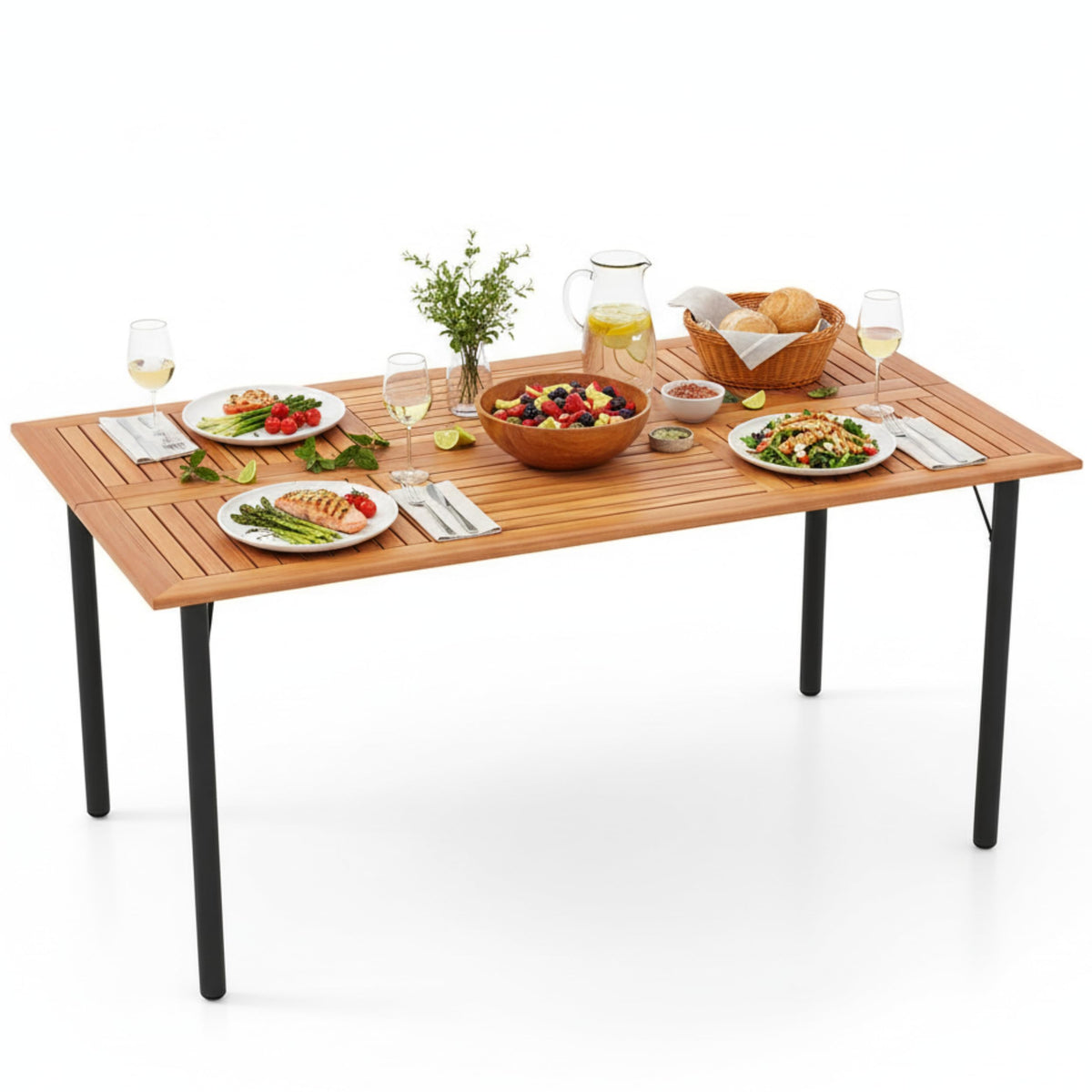 Tangkula 79" Acacia Wood Patio Dining Table for 8, Large 8-Person Outdoor Dining Table with 1.9" Umbrella Hole, Metal Legs & Adjustable Foot Pads, Rectangular Outside Table for Garden, Poolside & Yard