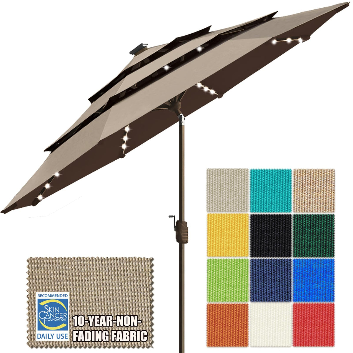 EliteShade USA 10-Year-Non-Fading 9ft 3-Tier Market Patio Umbrella, Commercial Table Umbrella with 80 Solar LED Lights, Crank Open, Windproof & UPF 50+ UV Protection for Garden, Deck, Pool, Backyard, Heather Beige