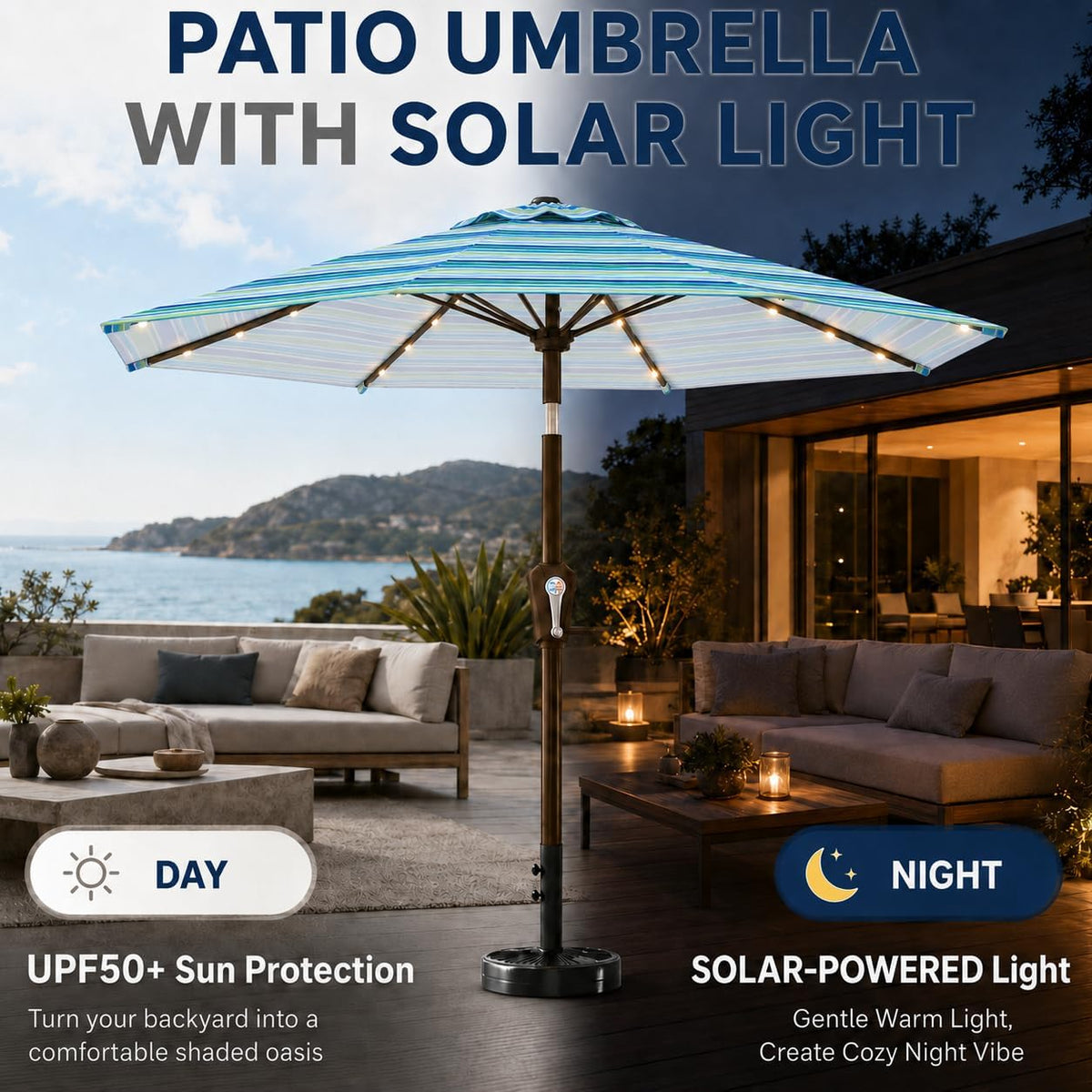 10FT Solar Patio Umbrella with Lights, Outdoor Table Market Umbrella with 32 LED Lights, 8 Sturdy Ribs, Push Button Tilt and Crank for Pool, Deck and Garden, UV-Resistant