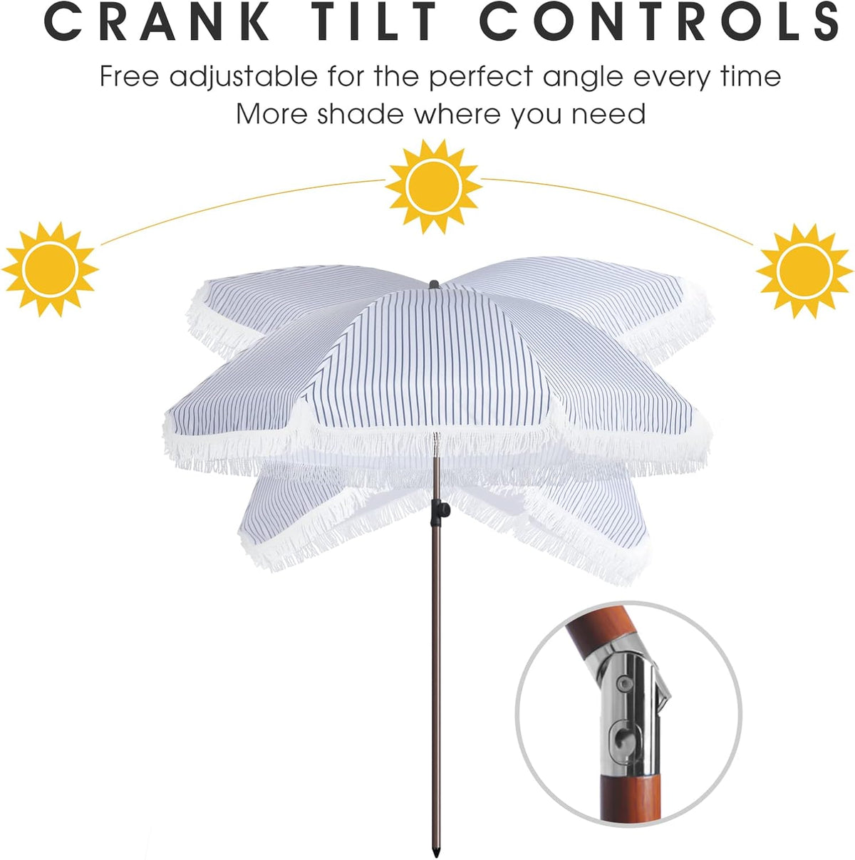 7.5Ft Patio Beach Umbrella with Fringe & Tassel, UPF50+ Push Button Tilt & Crank, Ideal for Garden, Lawn, Deck, Yard & Pool