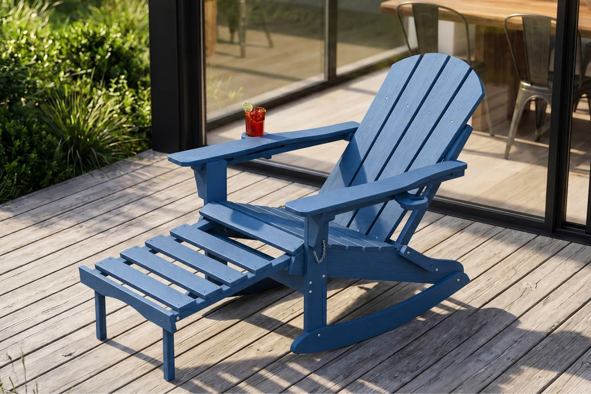 All-Weather HDPE Adirondack Rocking Chair, Heavy Duty Folding Porch Rocker with Curved High Back & Armrest, Comfortable Outdoor Lounge Chair for Backyard Patio Deck Garden, Aruba Blue