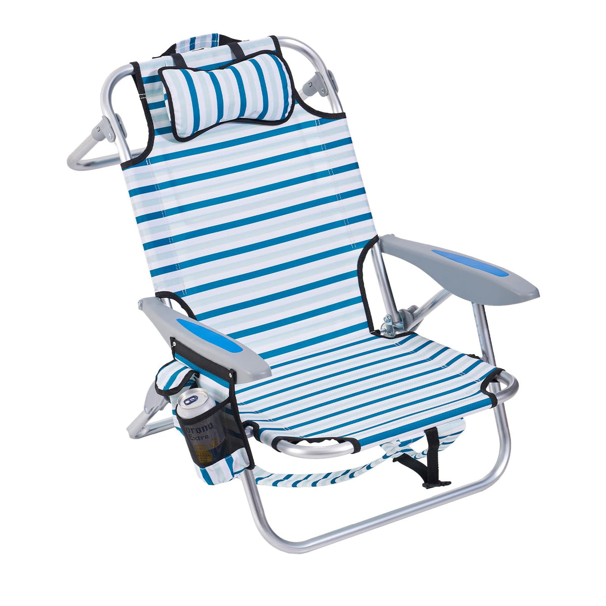 Portable Beach Chair for Adults, Outdoor Camping Chair Lay Flat Folding Backpack Beach Reclining Chair with 5 Positions, Headrest, Cup Holder, Heavy Ocean Striped
