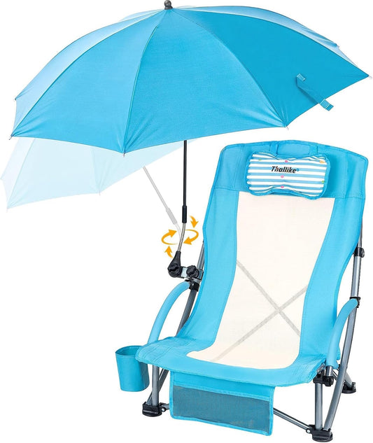 Low Beach Chair with Umbrella High Back Folding Camping Chair for Adults Breathable Mesh Seat and Back with Padded Headrest Cup Holder Storage Pocket Adjustable Tilt Sunshade Portable for Beach