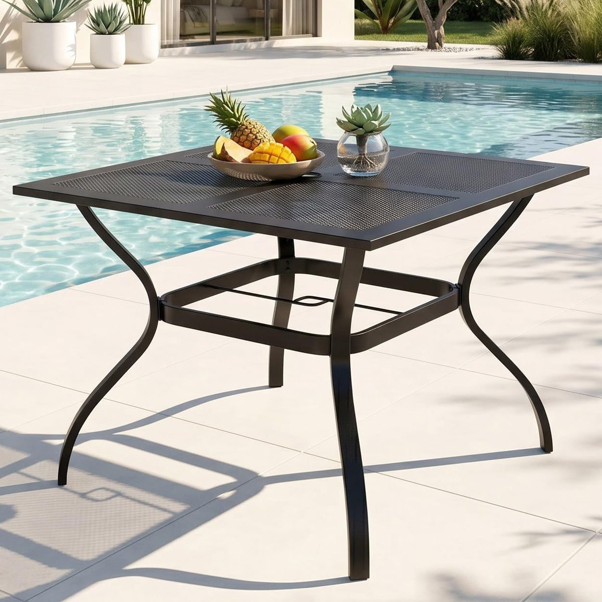 PHI VILLA Patio Table w/Umbrella Hole, Black Metal Dining Table for 4
