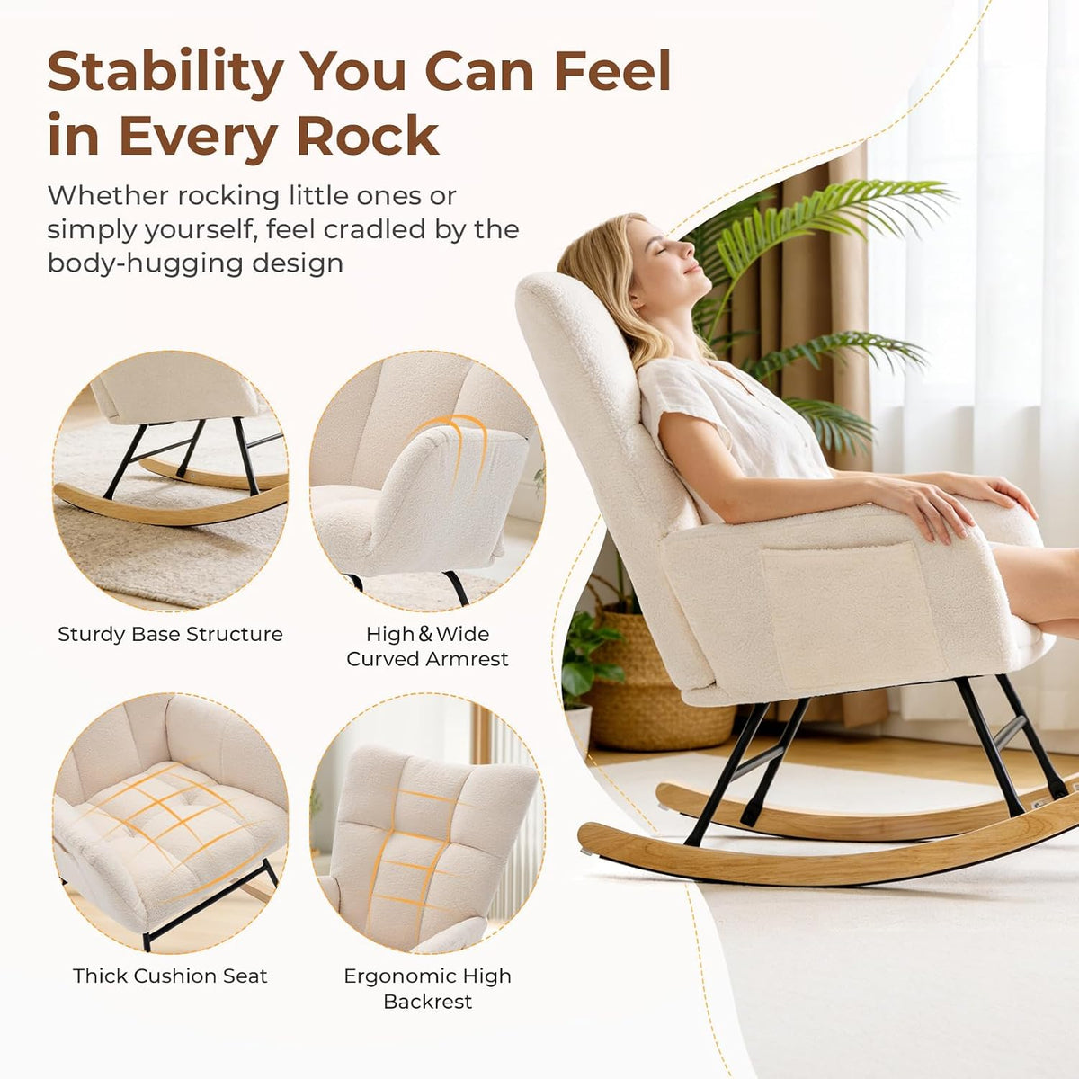 DUMOS Nursery Rocking Chair Teddy Upholstered, Comfy Glider Rocker with High Backrest Armchair Padded Seat, Accent Side Chair for Living Room Bedroom Offices Small Spaces Indoor, Beige