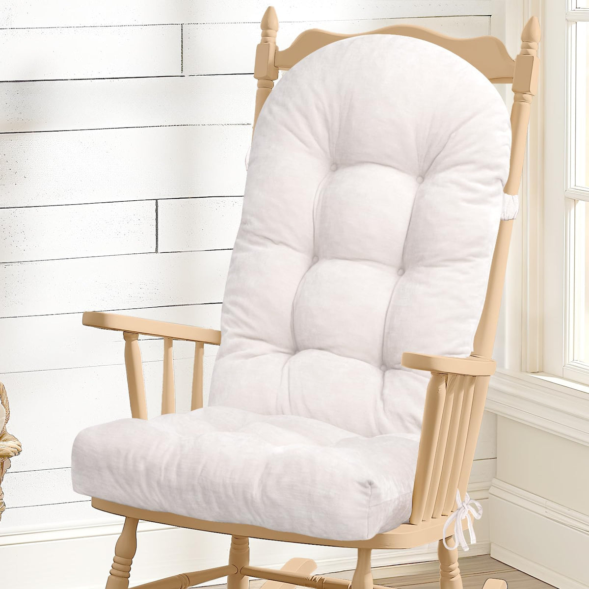 Rocking Chair Cushion - Soft Chenille Fabric Seat Pad with Tufted Design, Non-Slip Bottom and Secure Ties, for Glider, Adirondack and Indoor Rocker Chair, 44x19x4 Inch, Oyster White