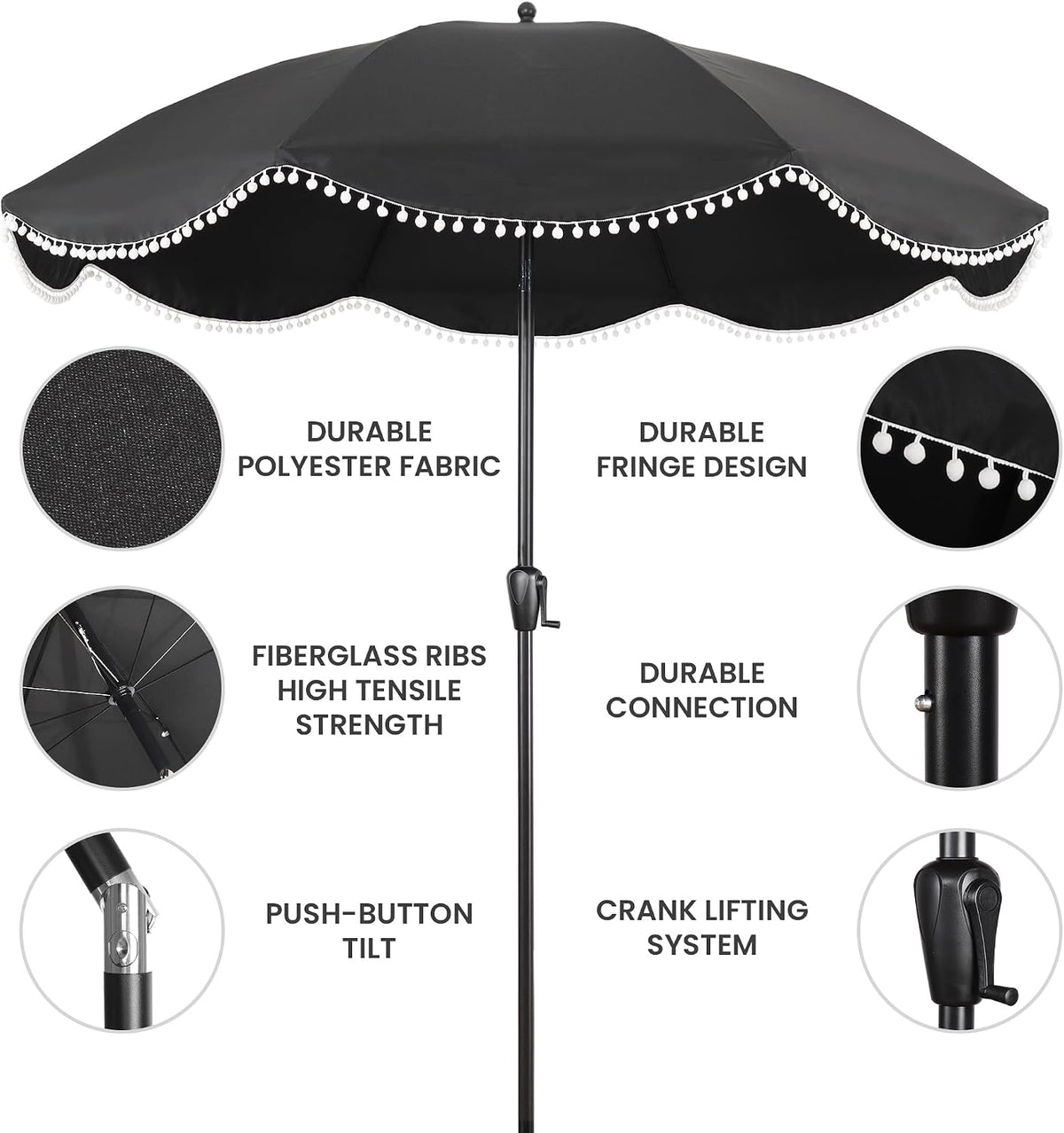 9' Patio Umbrella with Black Canopy and White Fringe Accents, Black Frame Market Umbrella for Patio, Deck, and Backyard by Sun-Ray