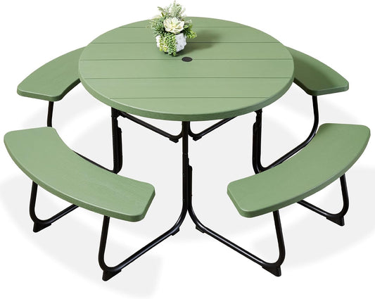 Best Choice Products 8-Person Outdoor Bench Patio Picnic Table, Circular w/ 4 Built-in Benches and Umbrella Hole, 2000lb Capacity - Green