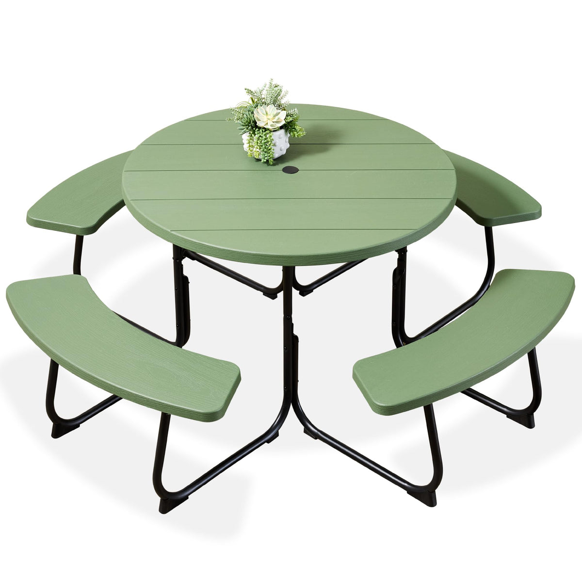 Best Choice Products 8-Person Outdoor Bench Patio Picnic Table, Circular w/ 4 Built-in Benches and Umbrella Hole, 2000lb Capacity - Green