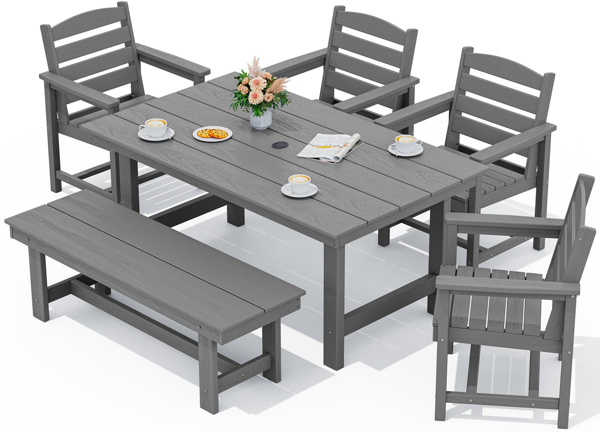 SERWALL 7 Pcs Outdoor Dining Set, 67" HDPE Dining Set for 6, Black