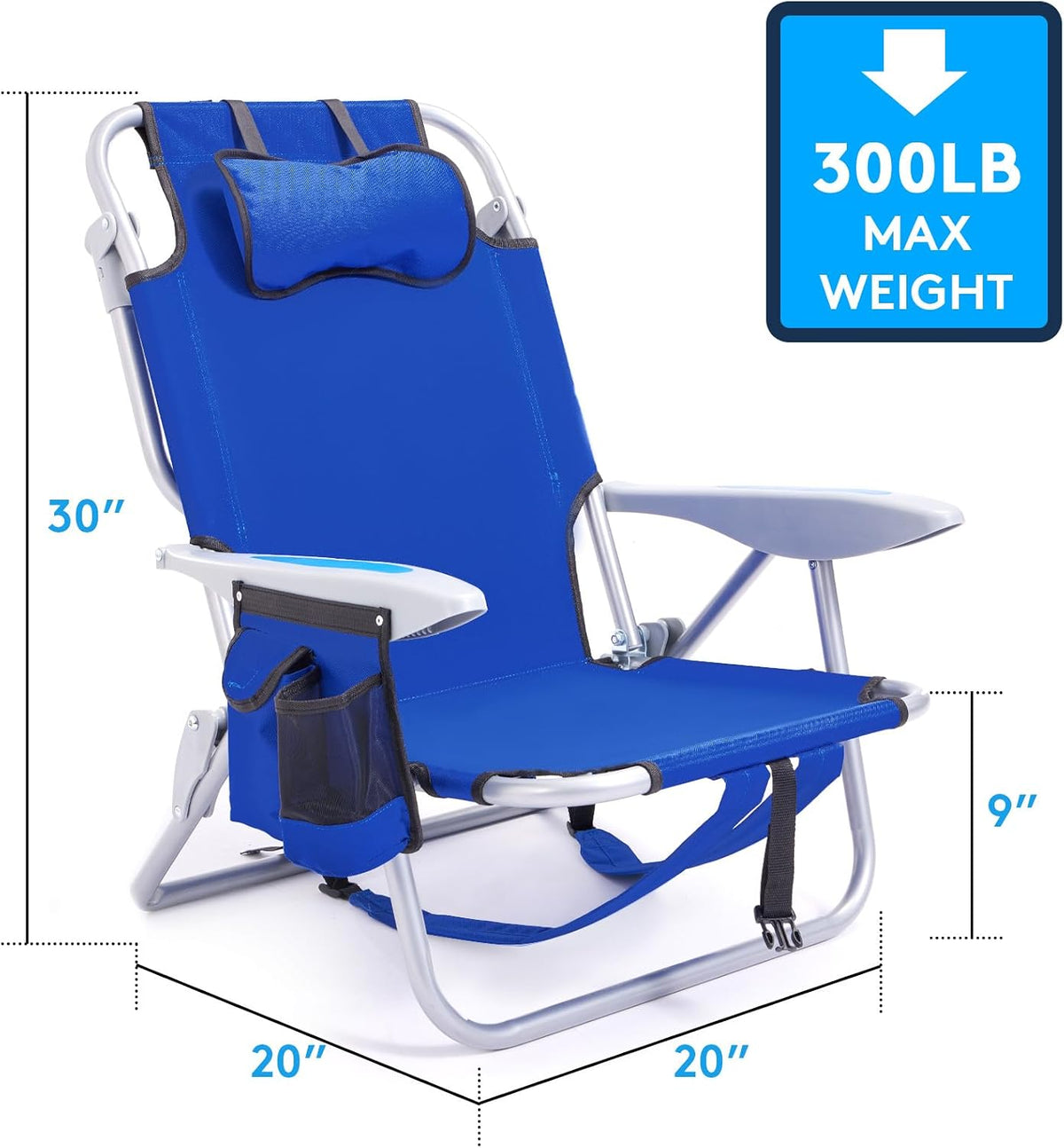 Portable Beach Chair for Adults, Outdoor Camping Chair Lay Flat Folding Backpack Beach Reclining Chair with 5 Positions, Headrest, Zipper Pouch, Cup Holder, Blue