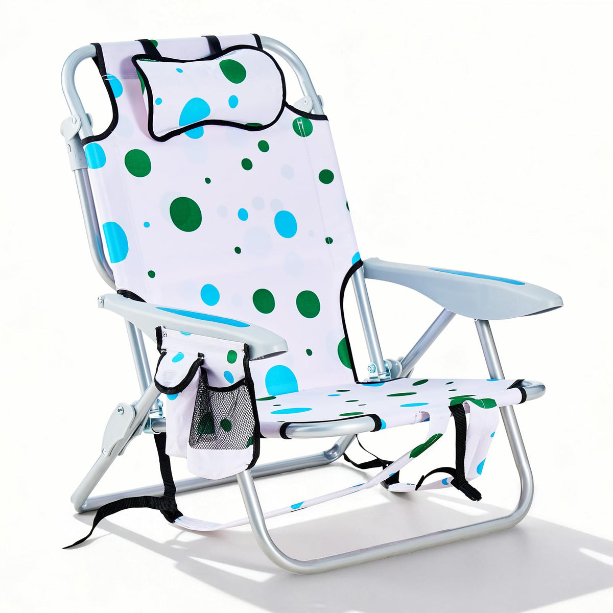 Portable Beach Chair for Adults, Outdoor Camping Chair Lay Flat Folding Backpack Beach Reclining Chair with 5 Positions, Headrest, Zipper Pouch, Cup Holder, Blue
