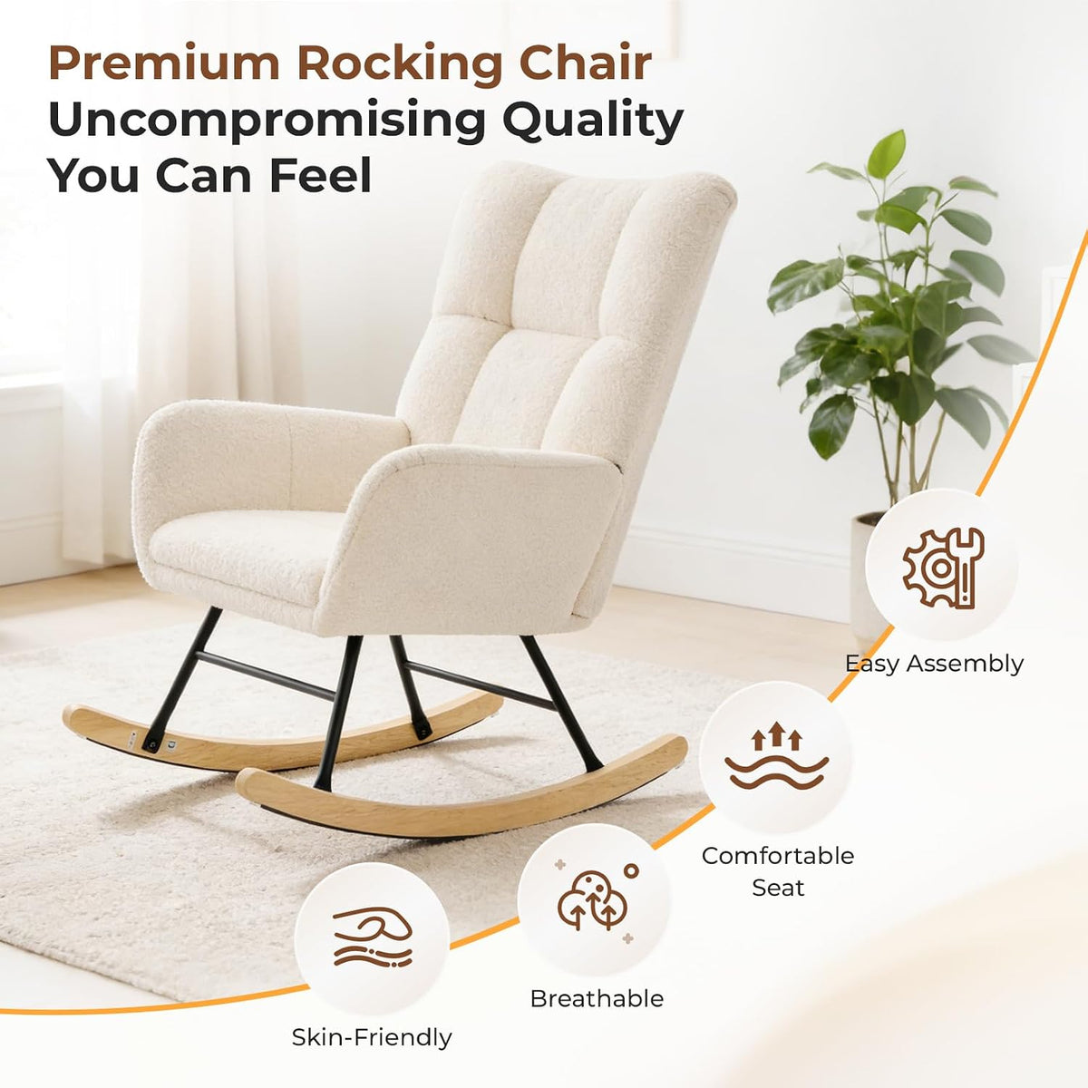 DUMOS Nursery Rocking Chair Teddy Upholstered, Comfy Glider Rocker with High Backrest Armchair Padded Seat, Accent Side Chair for Living Room Bedroom Offices Small Spaces Indoor, Beige