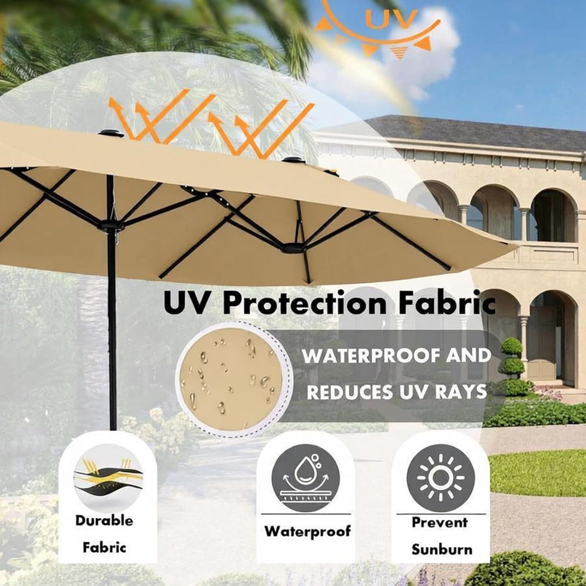 15ft Patio Umbrella Replacement Canopy for 12 Ribs, Large Outdoor Umbrella Top Cover Only,Double-Sided Fabric for Market Umbrellas, Sombrillas de Patio Repuesto (Frame NOT Included),khaki