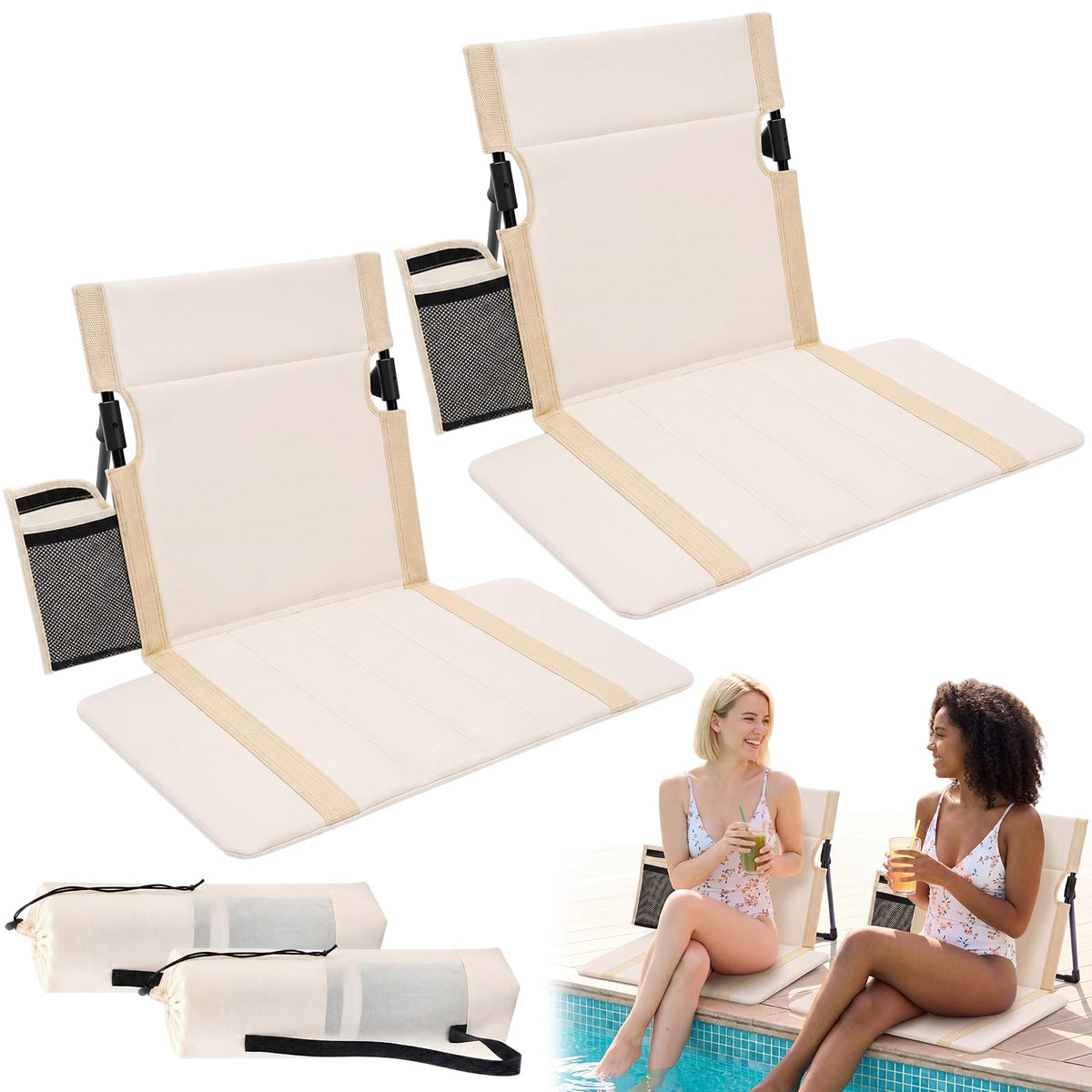 2 Pcs Foldable Beach Pool Chairs Portable Folding Adjustable Sun Chairs Poolside Seat for Edge of Pool for Beach Camping Picnic Lawn, 16 x 31 x 15.3 Inches, Sky Blue