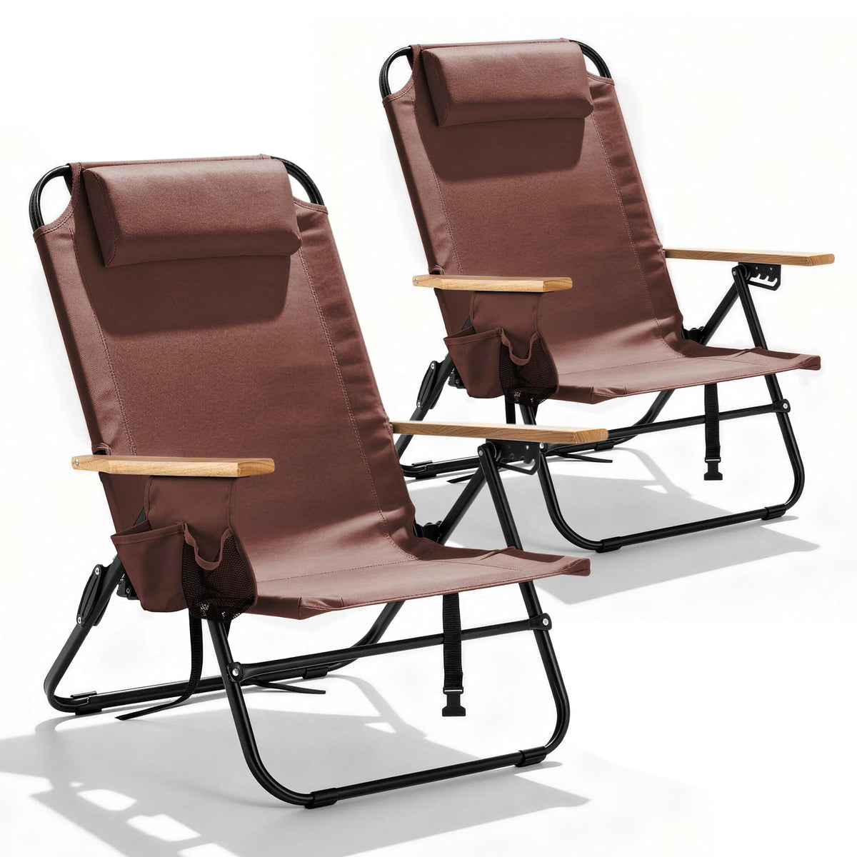 2 Pack Premium 5-Position Reclining Camping Chair - Portable Folding Lightweight Outdoor Chair with Wooden Armrests, Headrest & Pockets, 350lbs Heavy Duty for Beach, Patio, Backyard, Black