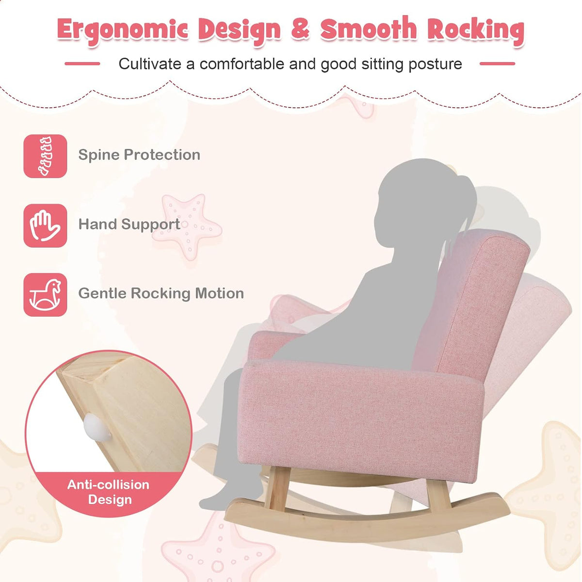 Costzon Kids Sofa, Toddler Rocking Chair with Solid Wood Frame, Linen Fabric, Anti-Tipping Design, Children Furniture Armchair for Kids Room, Nursery, Playroom, Preschool, Gift for Boys Girls (Pink)