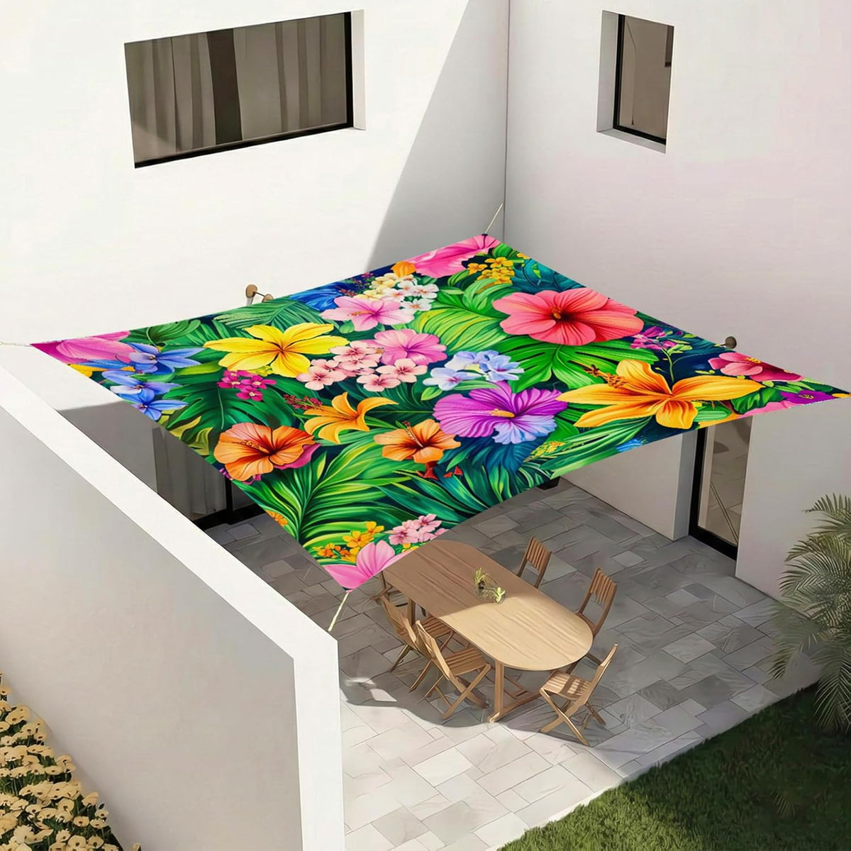 Miytal Tropical Floral Sun Shade Sail – 6'×6' Vibrant Hibiscus Palm Leaf Outdoor Canopy, UV Resistant Patio Shade Cloth for Garden, Backyard, Deck & Poolside Decor