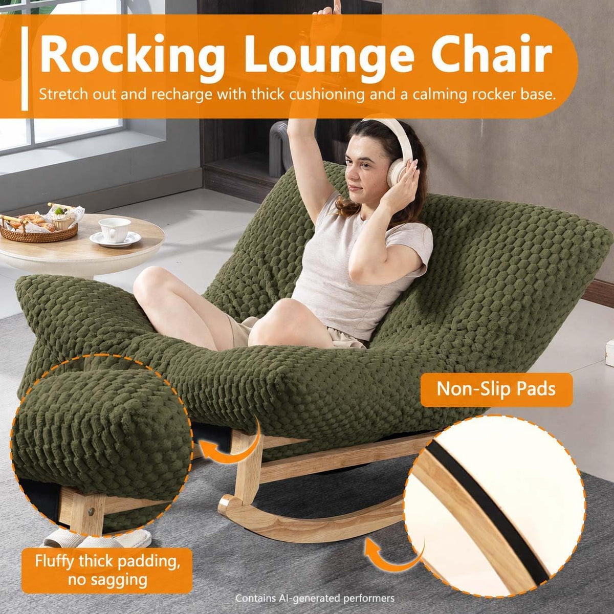 Oversized Papasan Rocking Chair Indoor with Bean Bag Cushion (Green)
