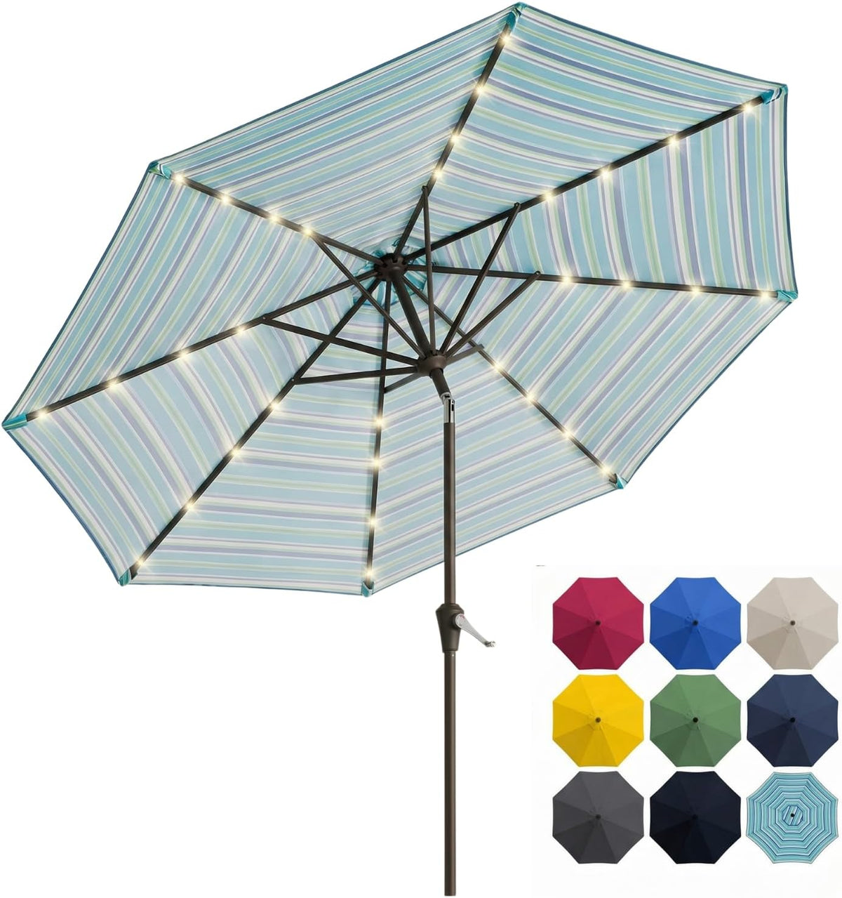 10FT Solar Patio Umbrella with Lights, Outdoor Table Market Umbrella with 32 LED Lights, 8 Sturdy Ribs, Push Button Tilt and Crank for Pool, Deck and Garden, UV-Resistant