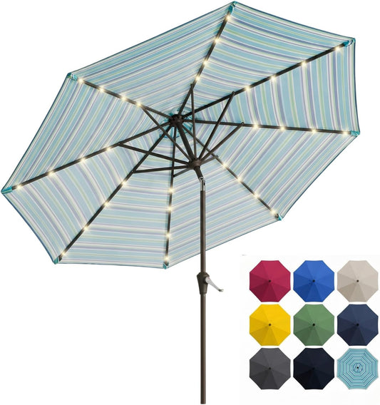 10FT Solar Patio Umbrella with Lights, Outdoor Table Market Umbrella with 32 LED Lights, 8 Sturdy Ribs, Push Button Tilt and Crank for Pool, Deck and Garden, UV-Resistant