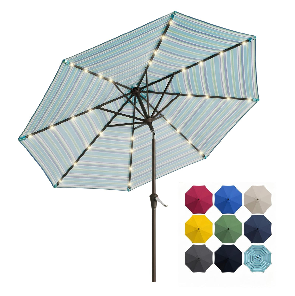 10FT Solar Patio Umbrella with Lights, Outdoor Table Market Umbrella with 32 LED Lights, 8 Sturdy Ribs, Push Button Tilt and Crank for Pool, Deck and Garden, UV-Resistant