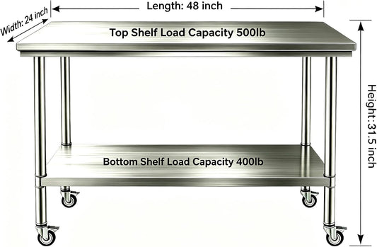 24x48 Stainless Steel Table,900 LBS Capacity，with Wheels