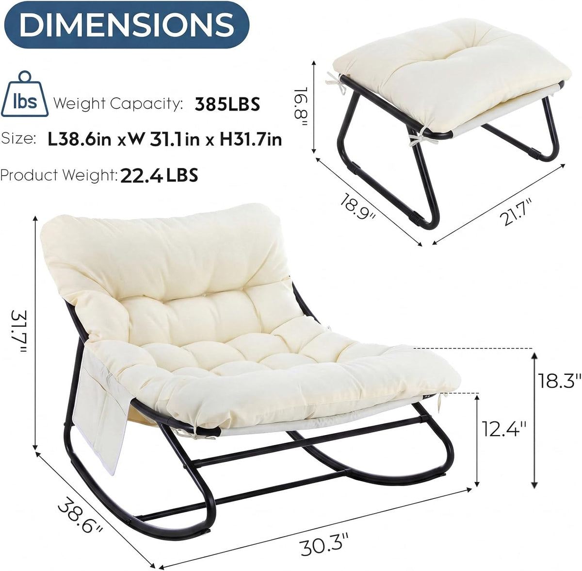 Arlopu Outdoor Rocking Chair with Ottoman, Papasan Rocking Chair