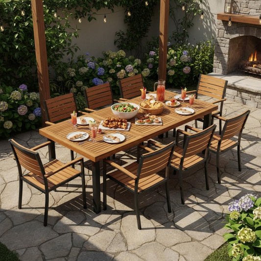 Tangkula 79" Acacia Wood Patio Dining Table for 8, Large 8-Person Outdoor Dining Table with 1.9" Umbrella Hole, Metal Legs & Adjustable Foot Pads, Rectangular Outside Table for Garden, Poolside & Yard