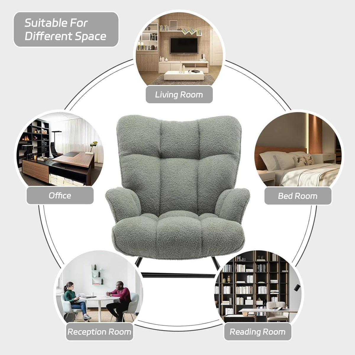 SAETSFEG Rocking Chair Nursery Teddy Upholstered Glider Rocker Rocking Accent Chair Padded Seat with High Backrest Armchair Comfy Side Chair for Living Room Bedroom Offices (Sage Green Teddy)