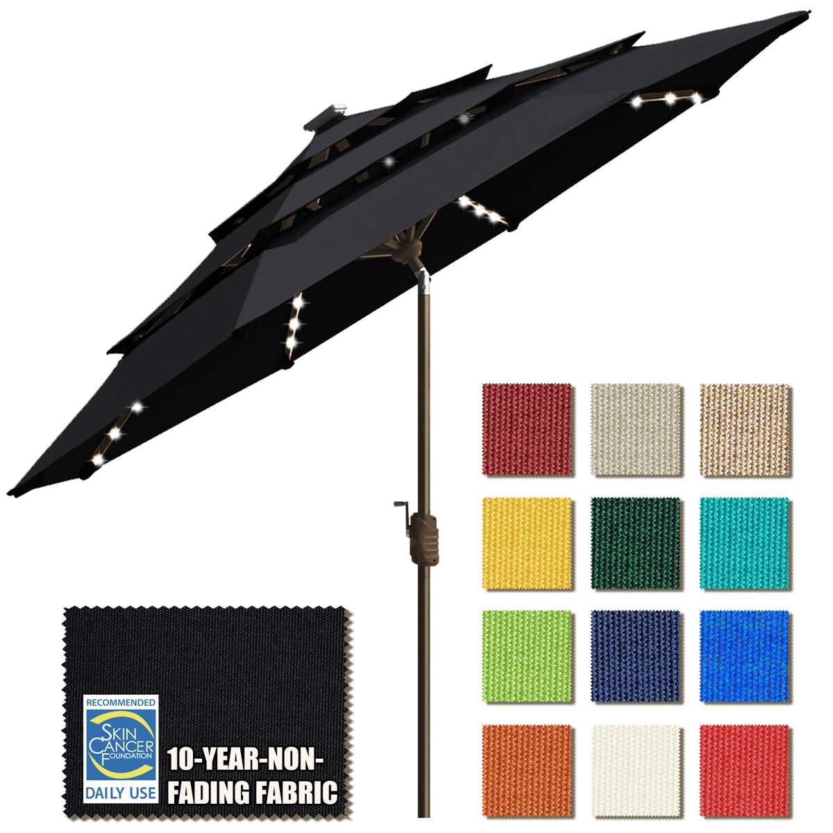 EliteShade USA 10-Year-Non-Fading 9ft 3-Tier Market Patio Umbrella, Commercial Table Umbrella with 80 Solar LED Lights, Crank Open, Windproof & UPF 50+ UV Protection for Garden, Deck, Pool, Backyard, Heather Beige