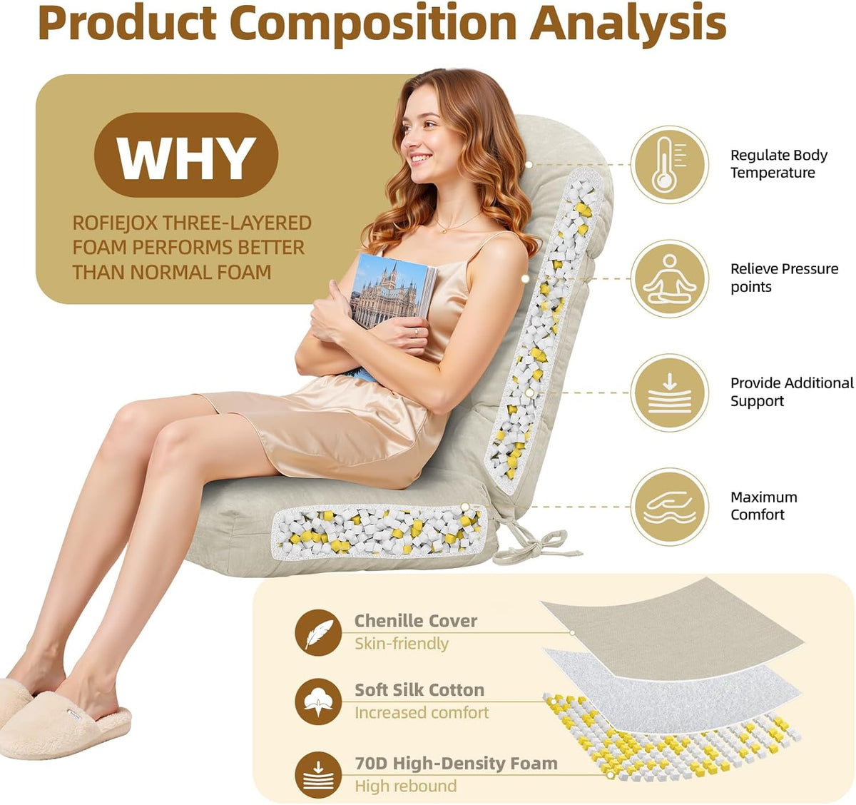 Rocking Chair Cushion - Soft Chenille Fabric Seat Pad with Tufted Design, Non-Slip Bottom and Secure Ties, for Glider, Adirondack and Indoor Rocker Chair, 44x19x4 Inch, Oyster White