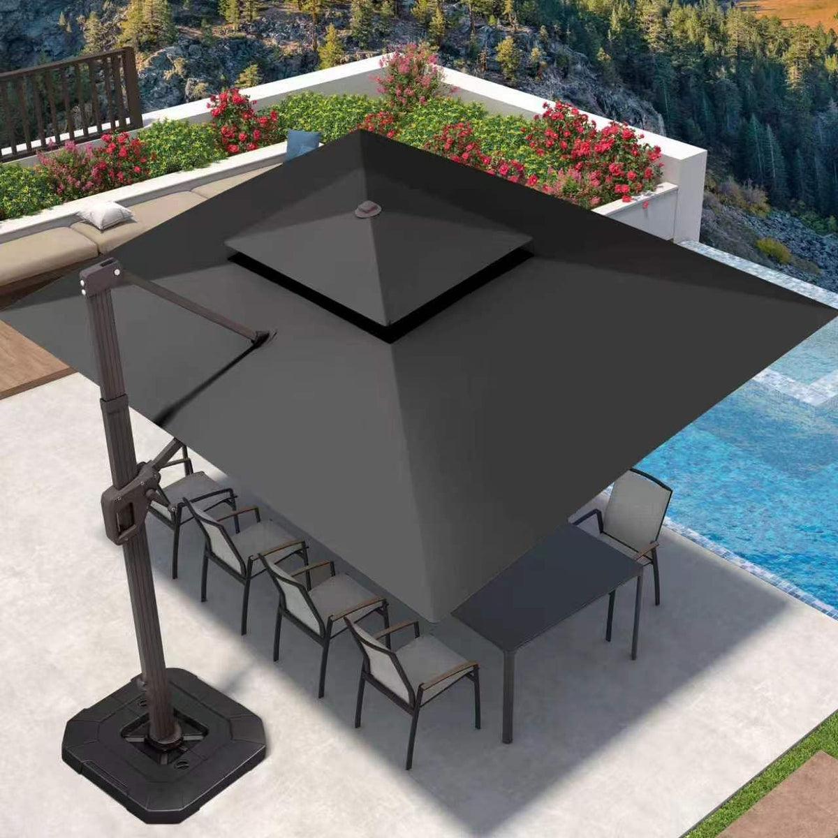 Deconk 9' X 12' Patio Cantilever Outdoor Umbrella with Base and LED Lights