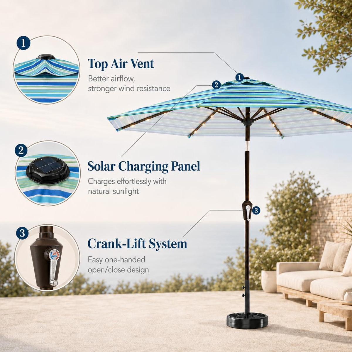 10FT Solar Patio Umbrella with Lights, Outdoor Table Market Umbrella with 32 LED Lights, 8 Sturdy Ribs, Push Button Tilt and Crank for Pool, Deck and Garden, UV-Resistant