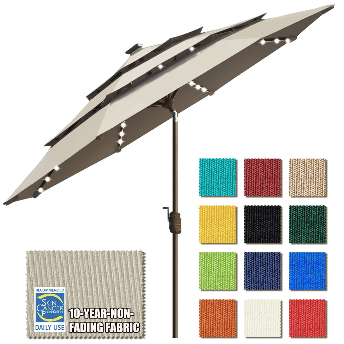 EliteShade USA 10-Year-Non-Fading 9ft 3-Tier Market Patio Umbrella, Commercial Table Umbrella with 80 Solar LED Lights, Crank Open, Windproof & UPF 50+ UV Protection for Garden, Deck, Pool, Backyard, Heather Beige