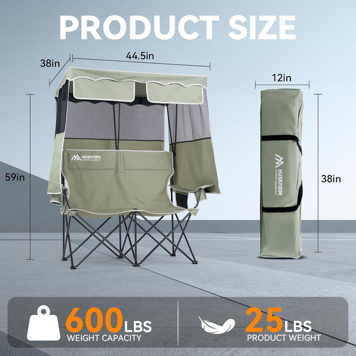 Double Camping Chair with Canopy,2 Person Folding Chair with Canopy, Green