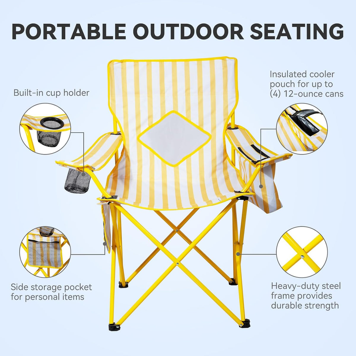 Nazhura 2 Pack Outdoor Camping Chairs Folding/Foldable/Portable with Cooler Pouch, Mesh Backrest and Cup Holder Pocket(Yellow, Metal, 2 Pack)