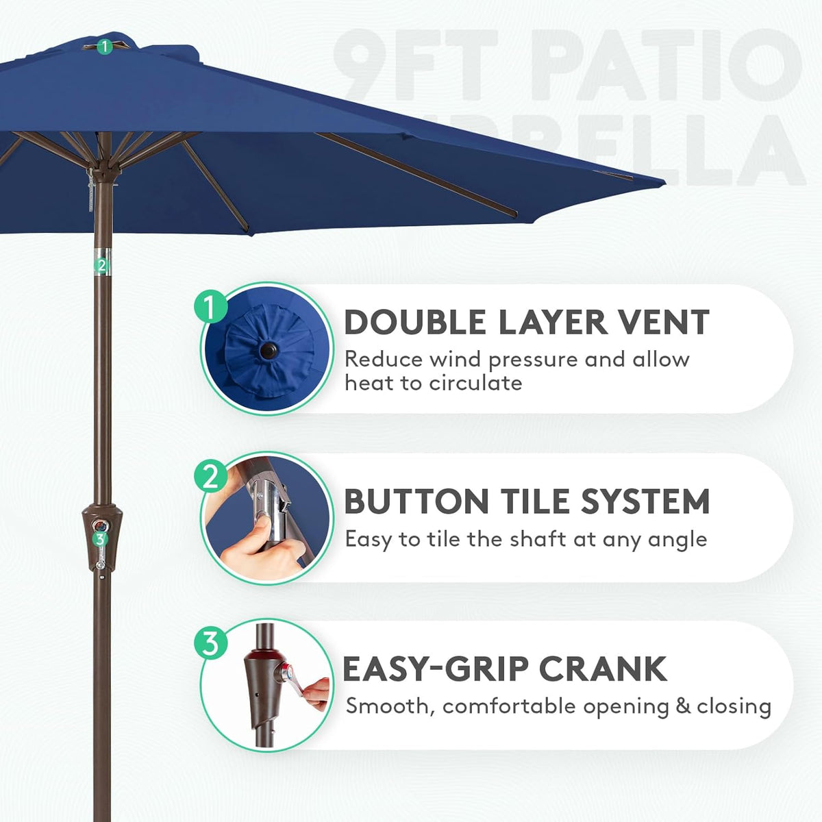 JEAREY 9FT Outdoor Patio Umbrella, Market Umbrella, Dark Blue