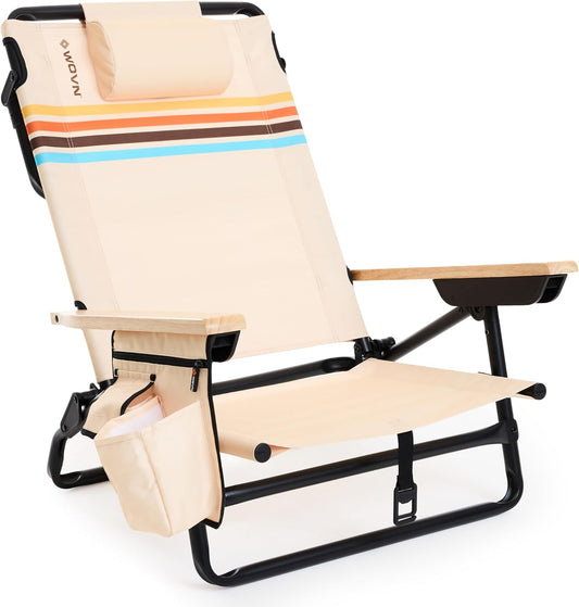 WOVN Premium Reclining Beach Chairs - Portable Lay Flat Folding Beach Chair for Adults - Includes Shoulder Backpack Strap, Pillow, 2 Pockets, and Cup Holder - Drifter