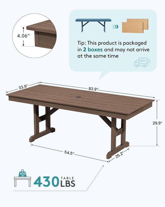 SERWALL Outdoor 84" HDPE Rectangular Dining Table for 6-8,All-Weather,Brown